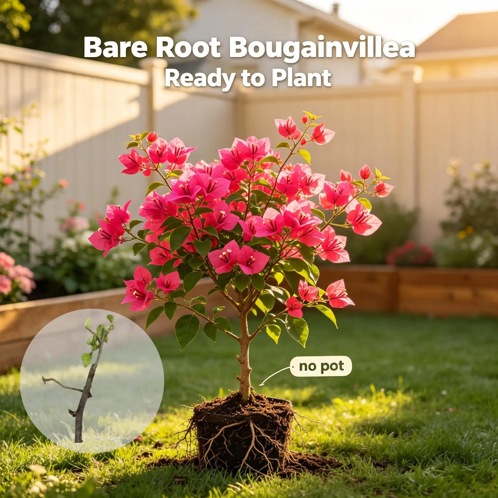 Deep Pink Bougainvillea Live Young Plants (18cm), Bare-Root No Soil Pot, Hardy Climbing Flower Saplings for Balcony, Courtyard Decor