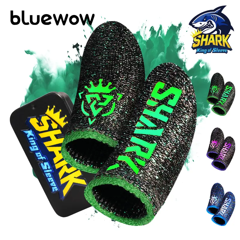 BlueWow Glow-in-the-dark SilverFiber Mobile Gaming Finger Sleeves 10 Count Ultra-Soft 0.3mm Thin Fabric High Sensitivity Sweat-Proof for Gamers Hygienic Individual Sealed Bags Touchmade Compact & Portable Console Smartphone Green
