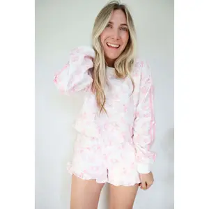 Anna Grace Pink Floral with Stripe Sweatshirt & Shorts Set