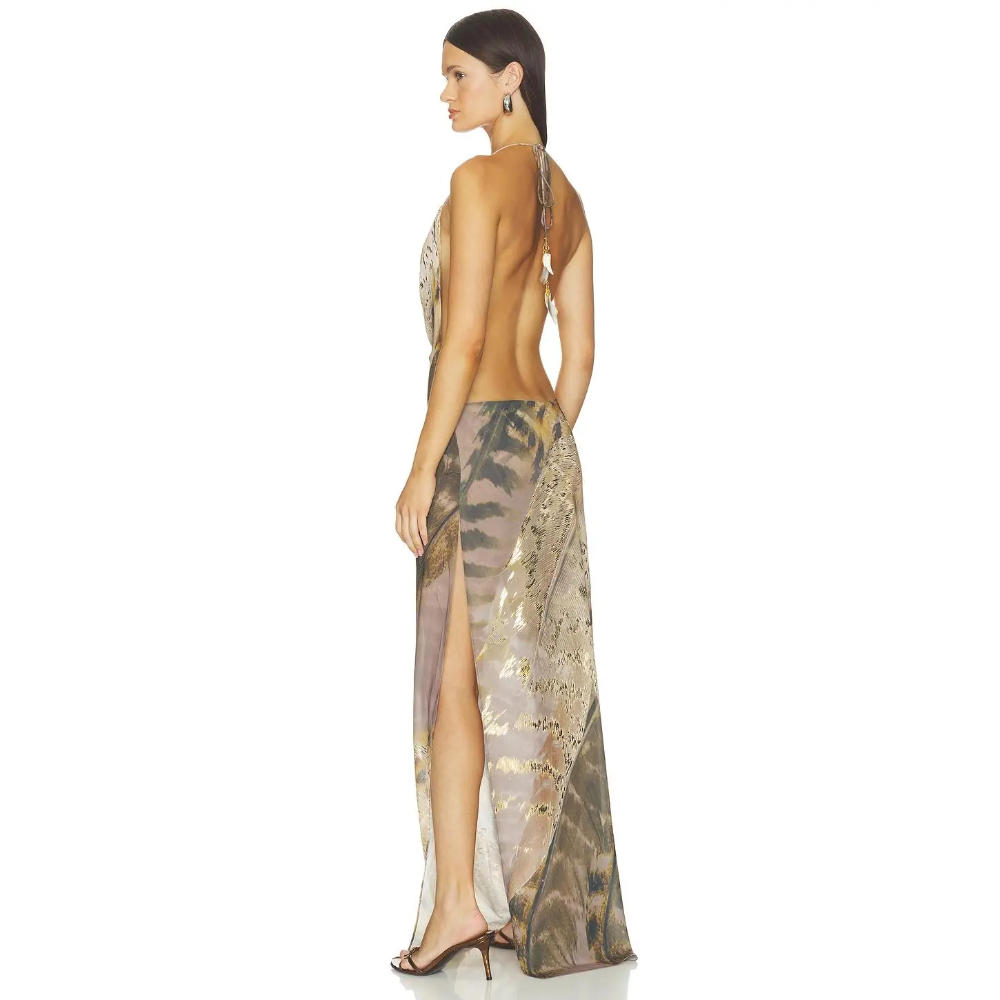 Jaded London Halterneck Maxi Dress With Real Feather Trims in Multi