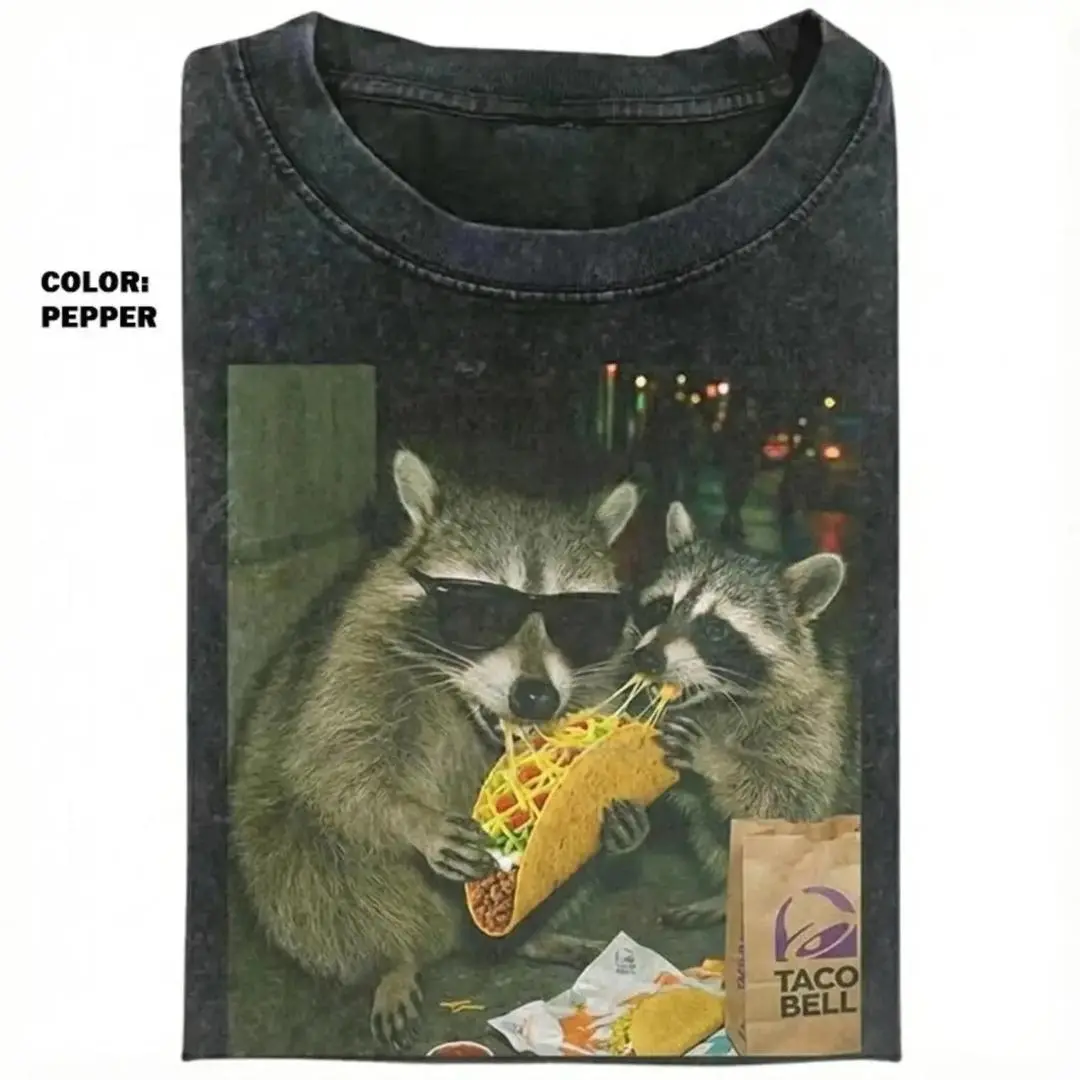 Raccoon Eating Taco T-Shirt – Funny Meme Graphic Tee, Silly Animal Humor Shirt, Vintage Retro Unisex Top, Cute Raccoon Lover Gift, Gift for Men, Women