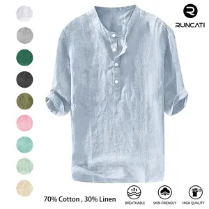 Runcati Mens 70% Cotton, 30% Linen Shirts Casual Cotton 3/4 Sleeve Regular-Fit Henley T-Shirt Summer Lightweight Beach Yoga Tops
