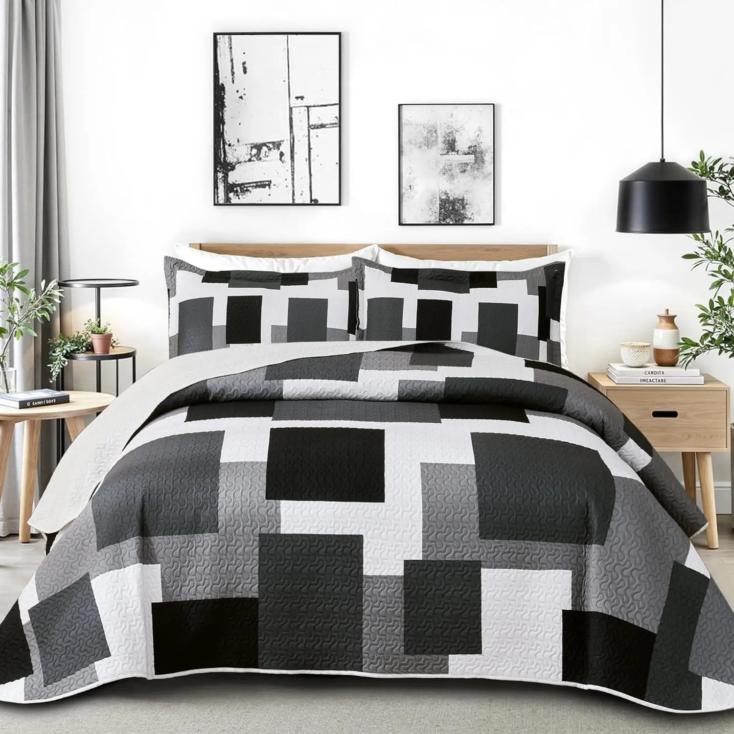 3 count Black Grey Quilt Set Full/ Size Black White Geometric Reversible Bedding Set Microfiber Lightweight Bedspread Coverlet with 2 Shams Modern Bed Covers for All Season, 90''x96''