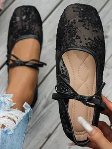Women's Elegant Summer Mesh Netted Ballet Flats, Square Toe Closed-Toe Flat Shoes, Fashionable Comfortable Party Outdoor Wear