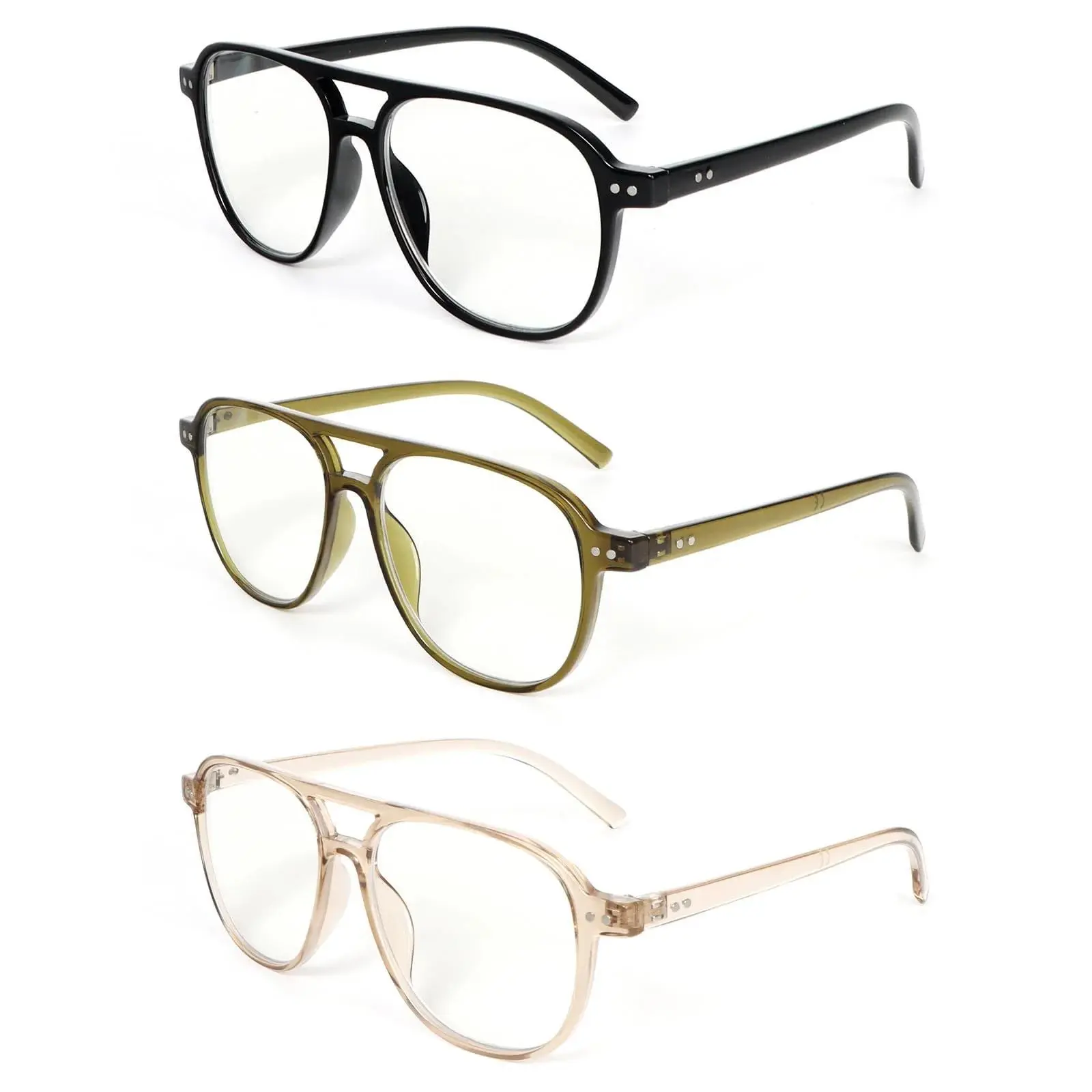 3 Pack Oversized Aviator Reading Glasses for Women Men Stylish Double Bridge Pilot Style Blue Light Blocking Readers