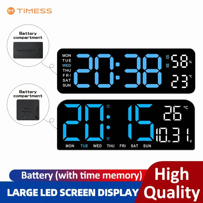 TIMESS Large Digital Alarm Wall Clock, Large LED/dual Alarm/brightness Adjustment/date/daylight Saving Time/temperature/12/24 Hour Switch, Suitable for Living Room, Bedroom, Office Decoration Gifts, Suitable for Students During The Back-to-school