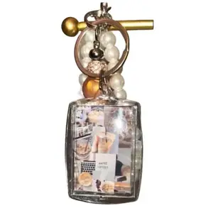 Coffee Themed Keychain with Pearly Accessory Featuring Pearl Beads and a Clear Photo Frame Design