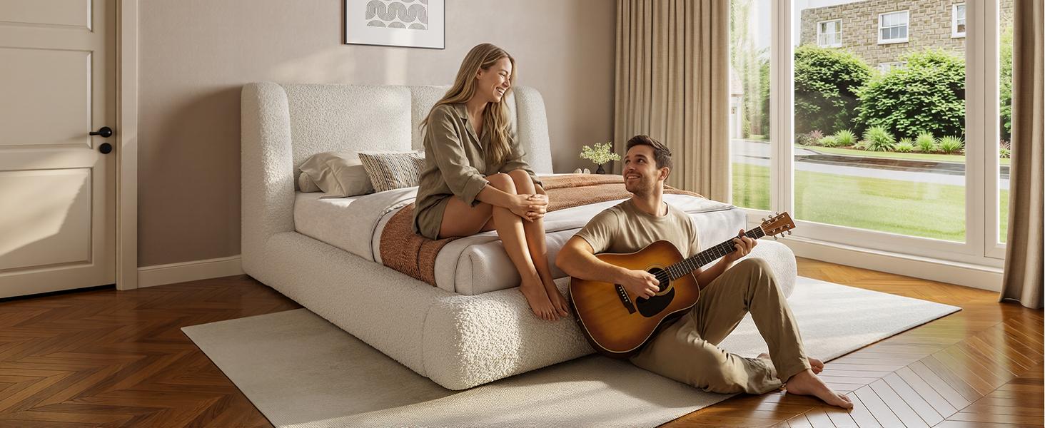 [15 Mins Assembly] Raybee Cloud Bed Frame with 5" Thick Ergonomic Wingback Headboard Soft Boucle Upholstered Low Profile Platform Bed, Bump-Resistant Rounded Corners, Anti-Slip Noise-Free, 880LBS Capacity for Bedroom, Dorms, Apartment, Beige, Black, Gray