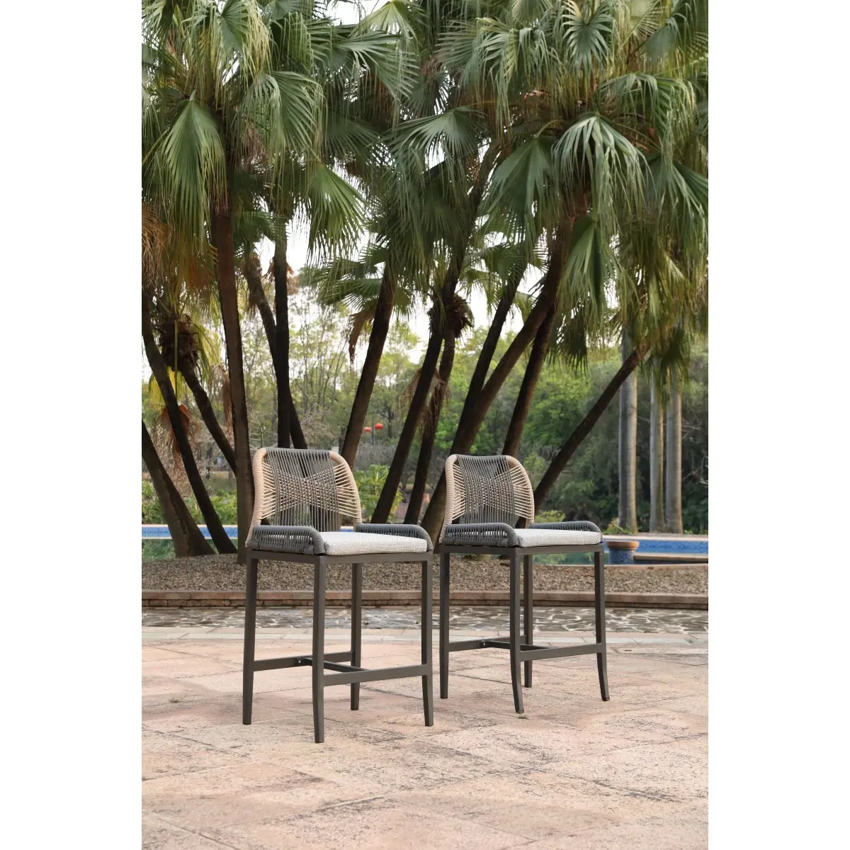 Dark Gray Counter Height Bar Stools 2 Pieces Wicker and Aluminum Modern Barstools with Cushion for Patio Balcony Pool Outdoor Indoor Counter Stool Chairs