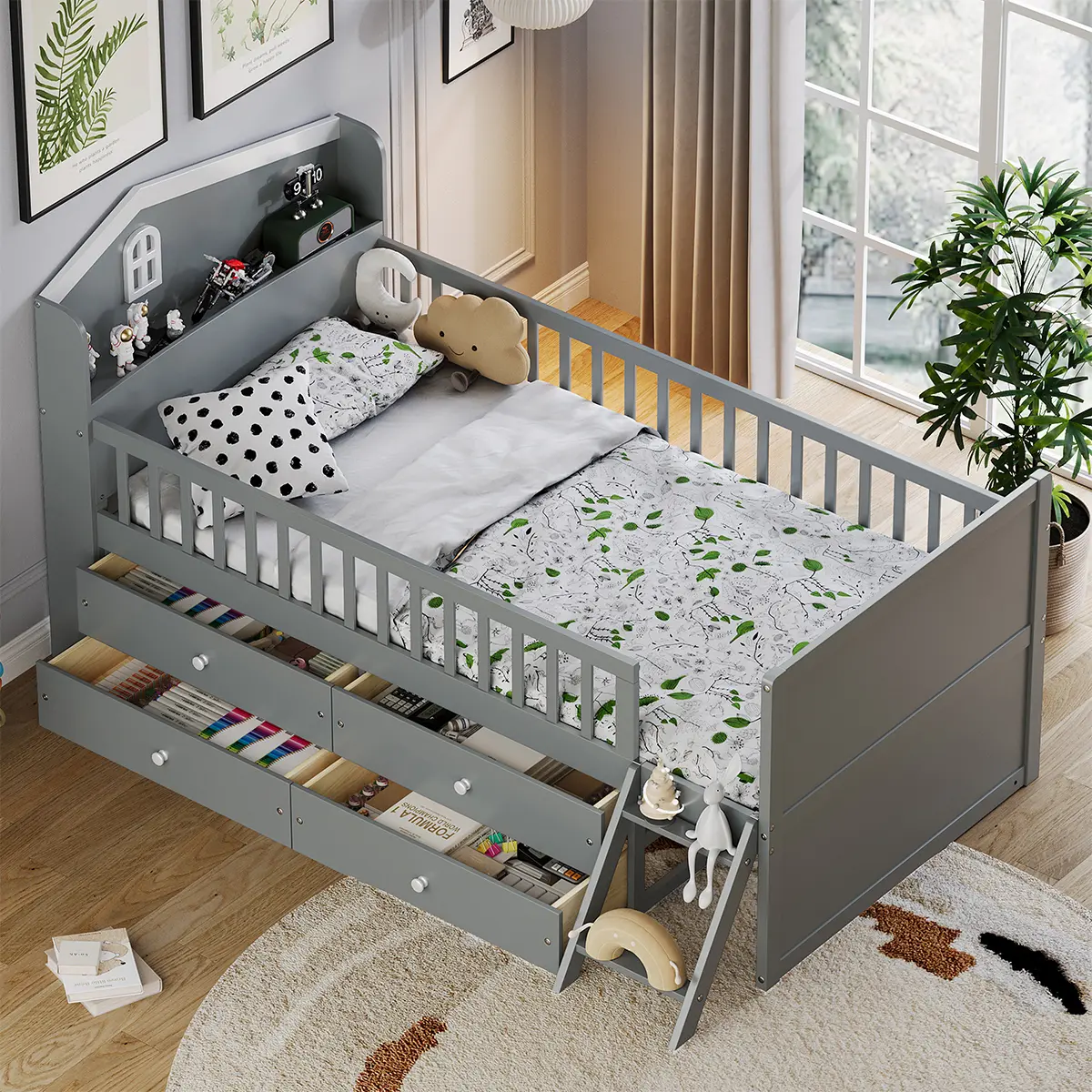 Twin Captain Bed with Storage 4 Drawers,Wooden Platform Bed Frame with Guardrail, Bookcase Headboard and Ladder, No Box Spring Needed, Easy Assembly