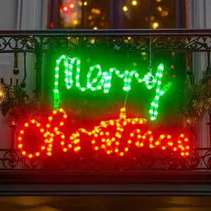 24inch Waterproof Merry Christmas LED Neon Motif Light Green and Red Outdoor LED Sign for Window Door Holiday Party Room Decor