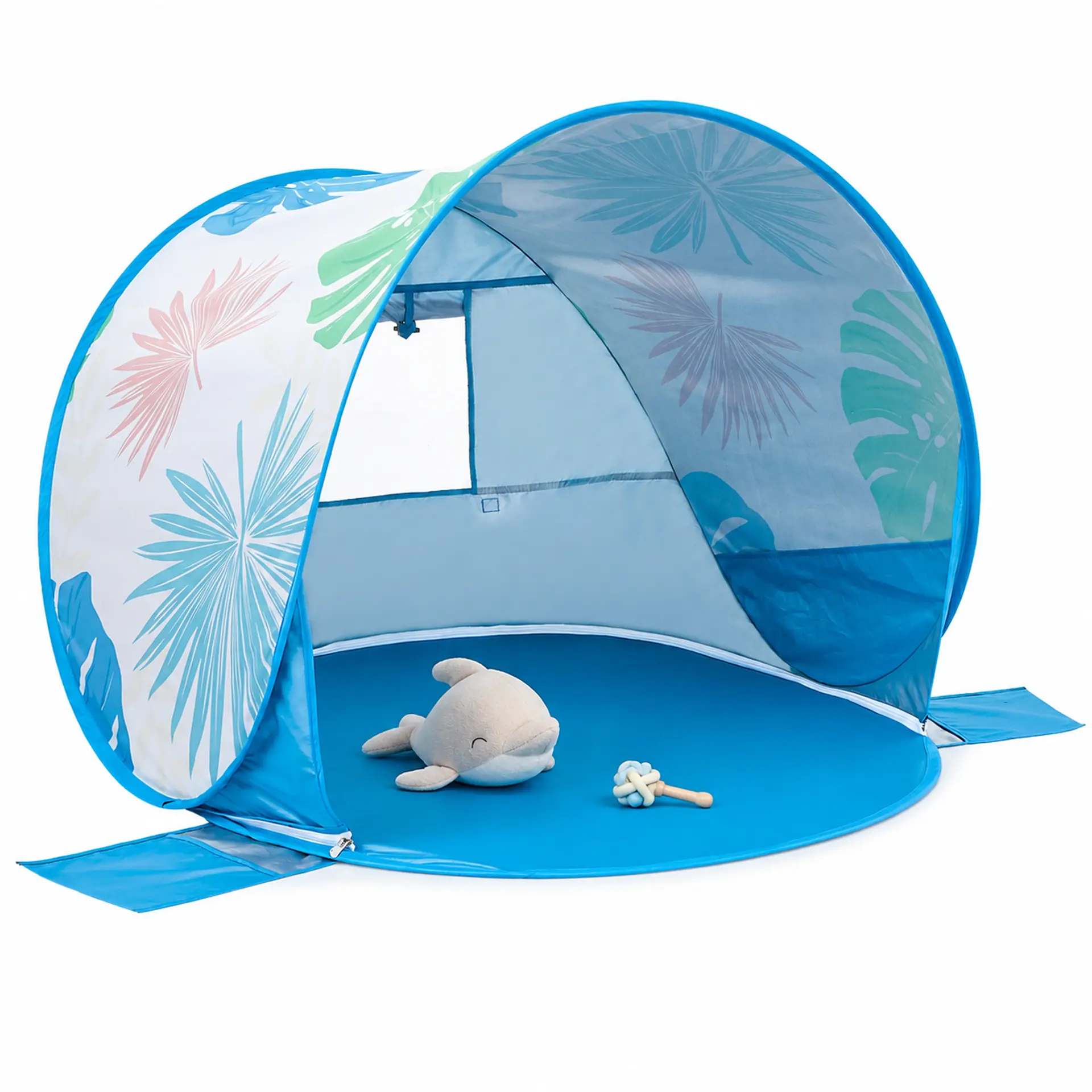 JungleDove Baby Beach Tent Sun Shade with UV Protection, Portable Infant Beach Cabana with Mesh Windows, Storage Pockets, Sandbags & Stakes, 51.6 x 50.8 x 31.5 in, Silver-Coated Polyester