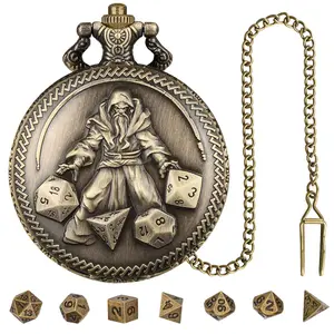 DND Wizard Pocket Watch Shell Case with Chain & Dice Set, 9 Counts/set Role Playing Board Game Accessories, DND Gifts with Gift Box