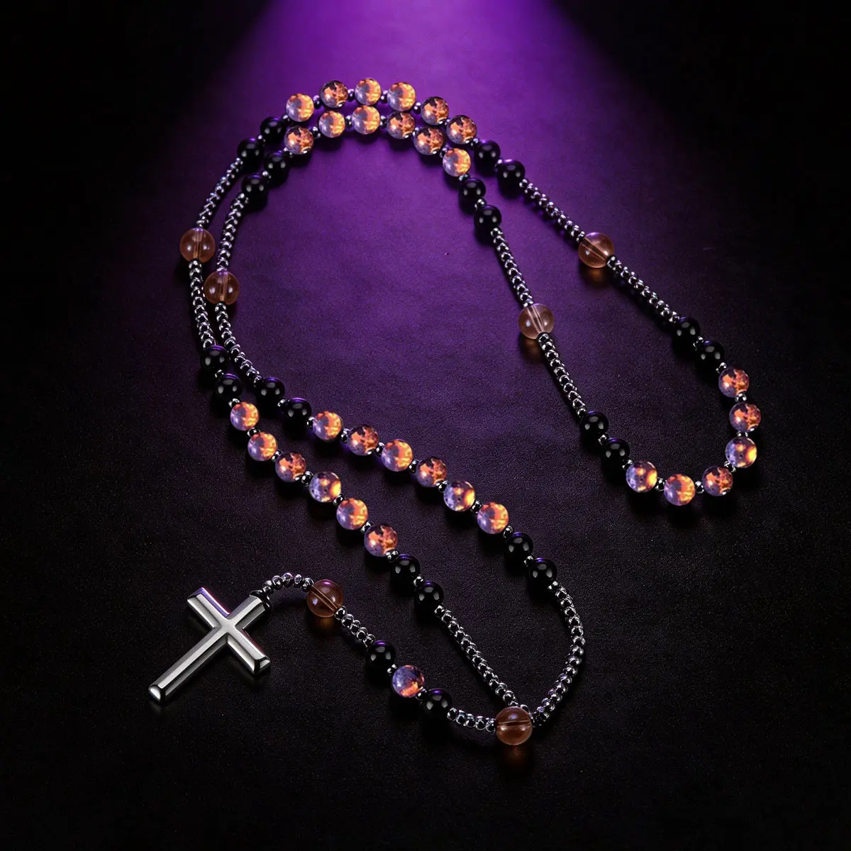 Catholic Yooperlite Stone Mystical Necklace, UV Glowing (Flashing Flame Under UV) Natural Hematite Beads, Obsidian Cross Pendant, Healing Crystal Jewelry Gift for Women Men