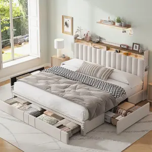Raybee Furniture Bed frame, MATTRESS NOT INCLUDED,- Bed Frame with 2/3/4 Drawers & Storage, Upholstered Full Bed Frame with Headboard,, No Box Spring Needed, No-Noise