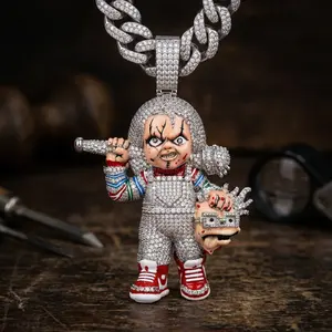 Savage Killer Doll Drip🩸 Massive Iced Out Horror Mascot Pendant| Spiked Bat Creepy Toy Chain| Y2K Trap Goth Hip Hop Jewelry for Rappers, Men's Accessories,summervibes