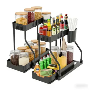 Under Sink 2-Tier Sliding Organizer with Frame, Pull-Out Storage Basket, Space-Saving for Kitchen, Bathroom & Laundry