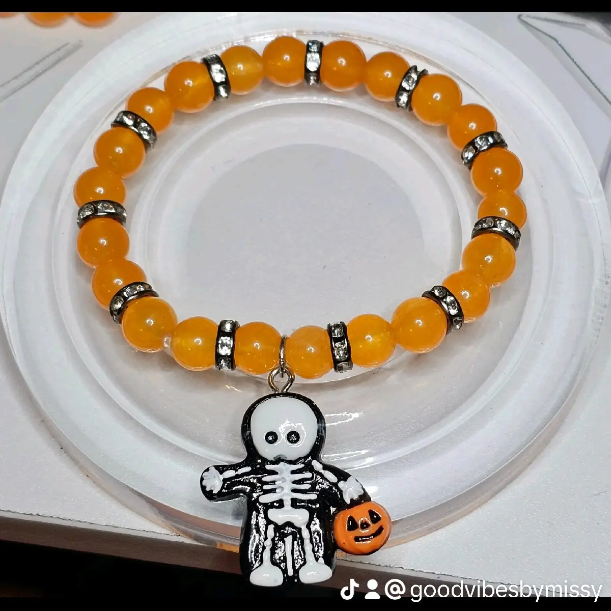 Halloween Orange Chalcedony Crystal Bracelet 8mm with Skeleton Charm natural