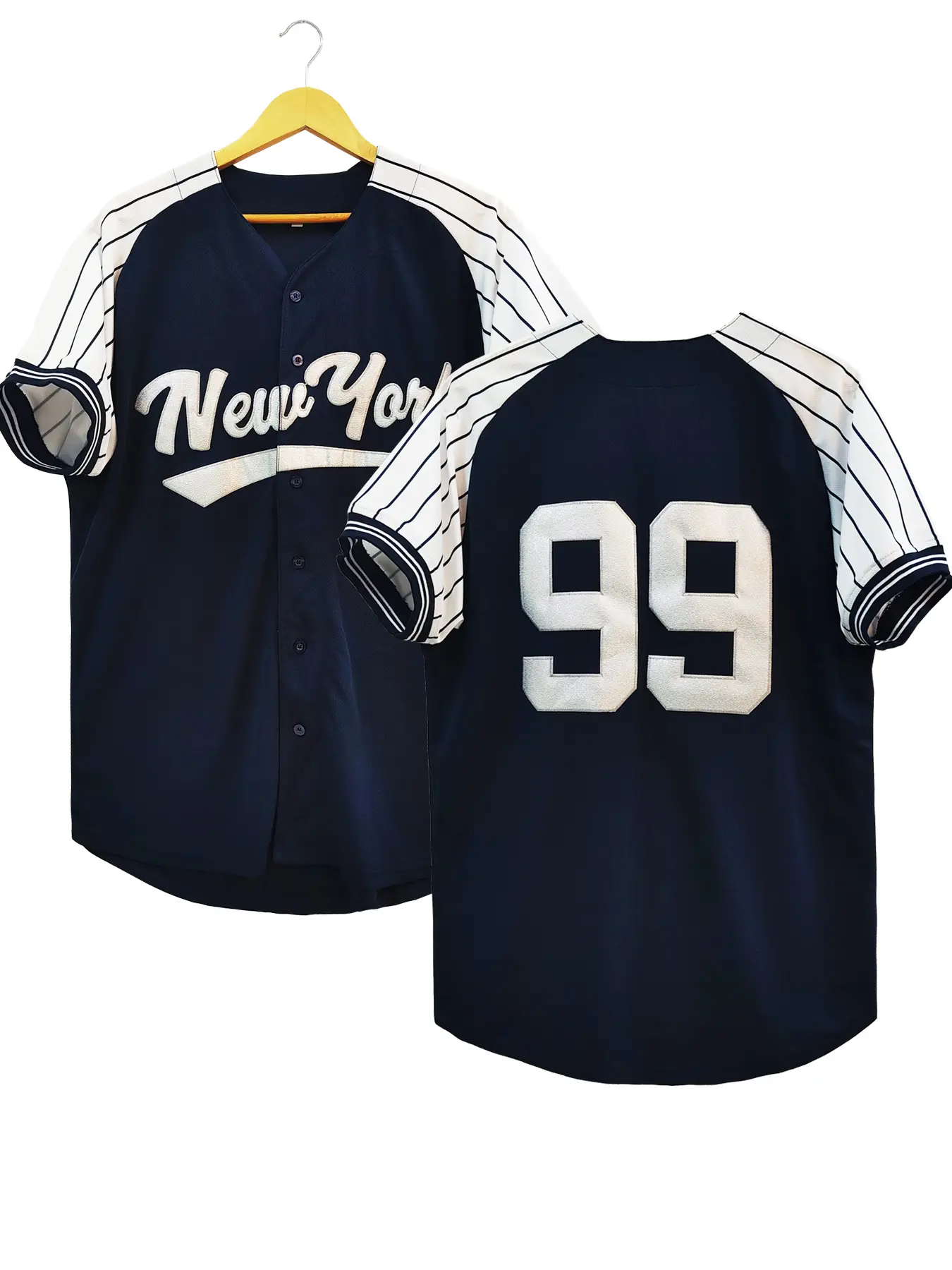 Men's #99 Navy Blue New York Letter Embroidered Baseball Jersey, Loose Fit V-Neck Short Sleeve Button Down Sports Casual Athleisure Top Suitable For Street Hip-Hop Style, Baseball, Golf Training, Football Jersey, Sportswear Top, Sports Tops