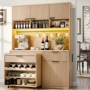 Pantry Cabinet with Wine Cabinet Cart, 71" Tall  Kitchen Storage Cabinets with LED Light & Charging Station, Kitchen Hutch with Microwave Stand, Freestanding Food Pantry