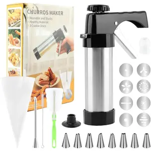 Churro Maker Machine - Stainless Steel Churro Maker Professional Churrera with 8 Stainless Steel Decorating Tips ＆ 8 Discs, Piping Bag, Churro Filler Hollow Churro(Black+silver)
