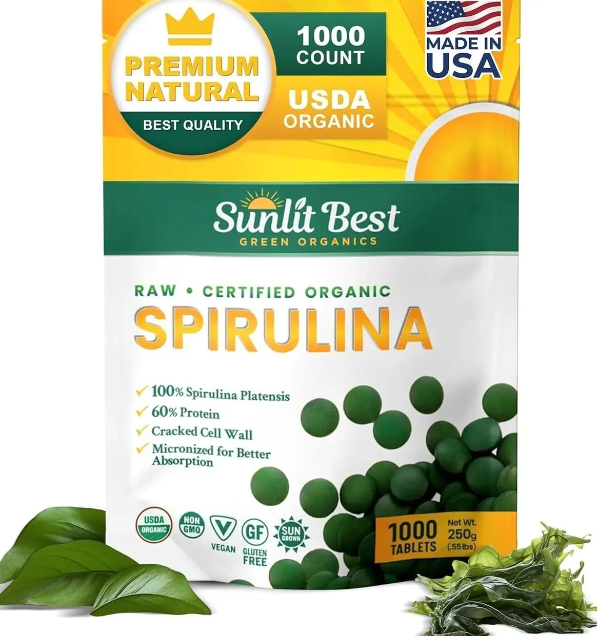Sunlit Best - USDA Organic Spirulina Tablet - Natural Super Greens Supplements for Immune Support, Gut Health & Boost Energy Tablets with Chlorophyll, Vegan & High Protein Non GMO, 1000 Superfood Tabs