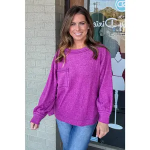 Zenana Women's Casual Long Sleeve Brushed Hacci Crewneck Basic Sweatshirt - 1-Piece Round Neck Top with Pocket, On-Sale Style Sweatshirts