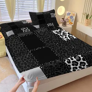 Monochrome Leopard Print Fitted Sheet Set, Soft Breathable Microfiber Bedding with 2 Pillowcases, Bold Patchwork Leopard Design, Deep Pocket for Standard & Deep Mattresses, Modern Stylish Bedroom Decor for Teens Adults