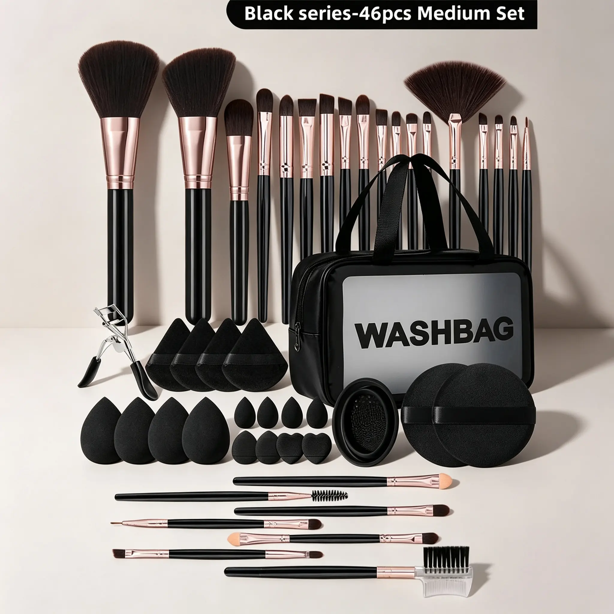 Complete Makeup Kit, 44-Piece Set with Soft Synthetic Brushes, Rose Gold Ferrules, Sponges, Puffs, Precision Tools, Eyelash Curler & Wash Bag for Easy Storage, Voluminous Lashes, Complete Kit, Daily/Travel, Efficiency And Precision, Essential Accessories,