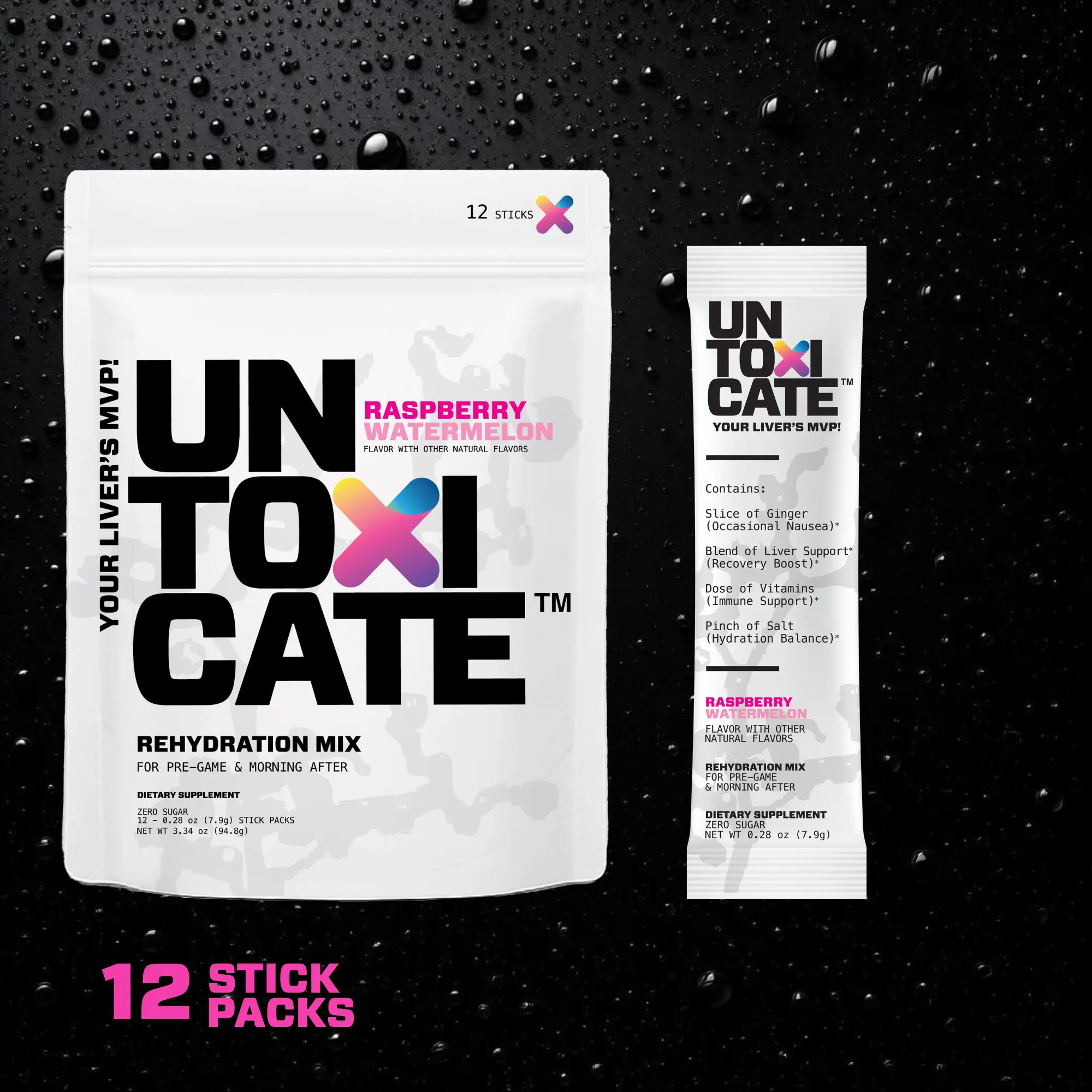 Untoxicate Rehydration Mix - Raspberry Watermelon Flavor, 12 Stick Packs, Zero Sugar, Liver Support, Hydration & Recovery, Fast-Mixing Formula