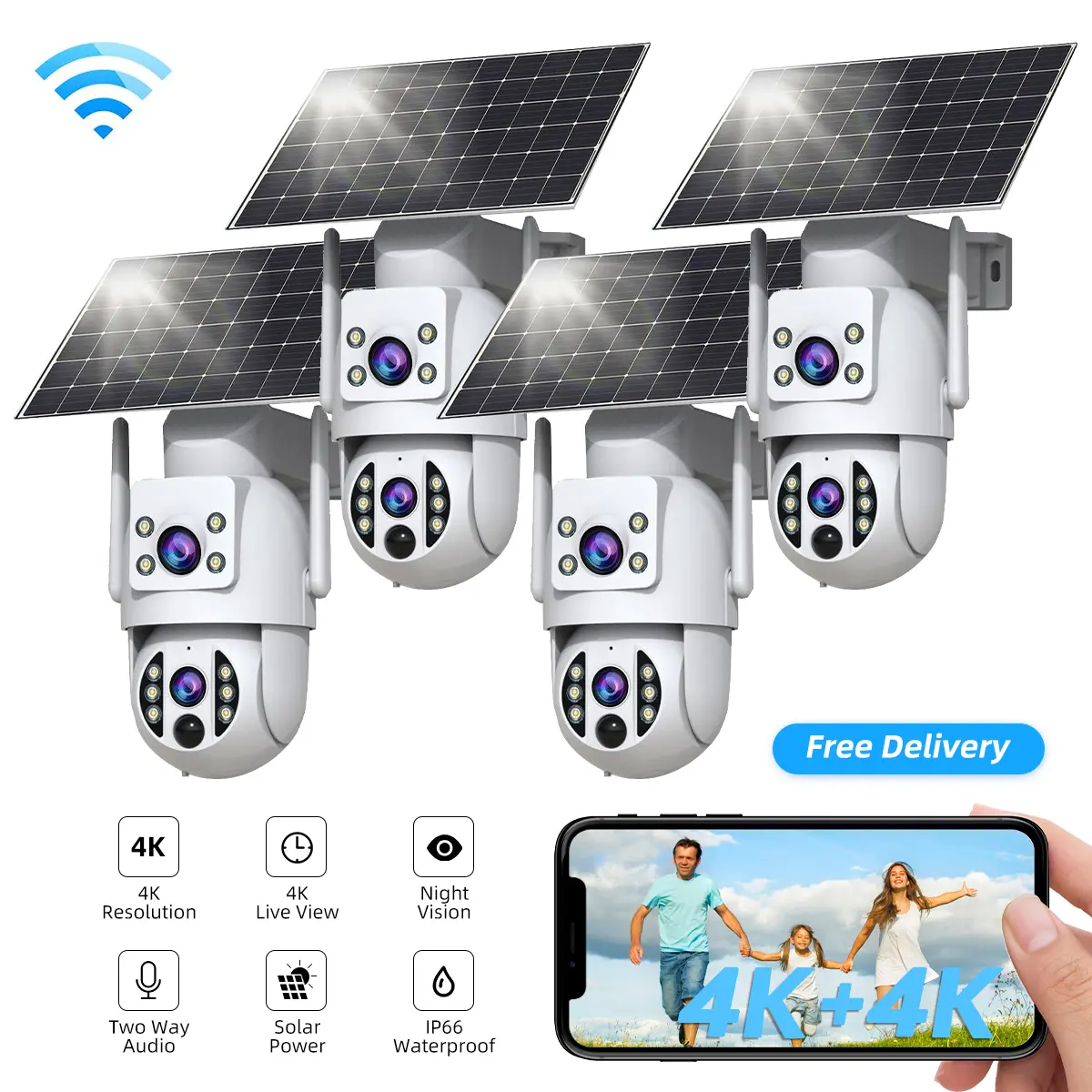 【TODAY'S DEAL】JOOAN Wireless WiFi Solar 4K+4K HD Dual Lens Security Camera, 360° PTZ Outdoor/Indoor, IP66 Waterproof, Color Night Vision, PIR Human Detection, Two-Way Talk, Auto Tracking, Siren Alarm, No-Blind-Spot Coverage, 24/7 Recording, With Alexa