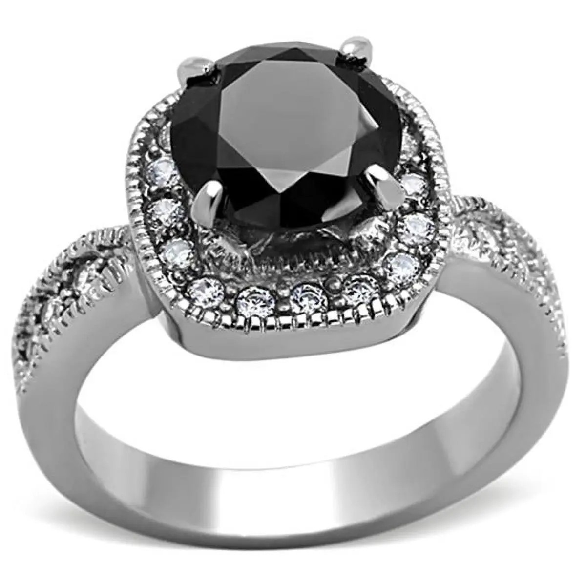 Alamode TK1322-10 Women's High-Polished Stainless Steel Lab-Created Ring with AAA Grade CZ in Black Diamond, Size 10, Lab-Created Rings