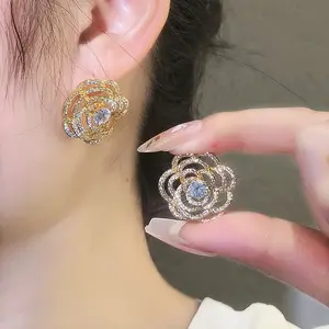 Camellia Earrings Full Diamond Hollow Rose Earrings Light Luxury Temperament Earrings for Women