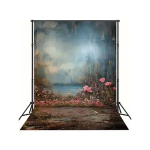 1PC Large Polyester Reusable 2D Flat Vintage Oil-Painting Backdrop, Multicolor Lake & Flower Sea Print, 180×230cm Photography Banner for Birthday Party Decoration & Photo Props (Stand Not Included)