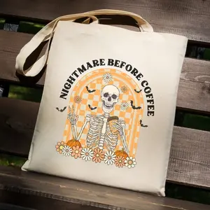 Halloween Tote Bag, Nightmare Before Coffee Cotton Canvas Tote Bag, Spooky Tote, Trick or Treat Bag