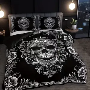 3pcs Dark Skull Pattern Bedroom Decorative Bedding Set (1 Fitted Sheet + 2 Pillowcases), High Definition Print, Home Dormitory Use, No Pillows Included