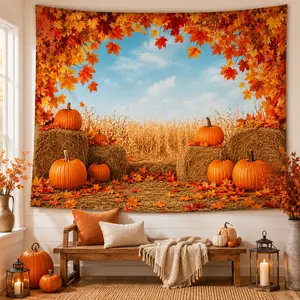 Fall Forest Tapestry Autumn Landscape Wall Hanging Pumpkin Harvest Decor Rustic Farmhouse Room Decoration for Living Room Bedroom Dorm