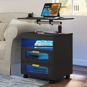 Vlsrka Nightstand with Wireless Charging Station, LED Nightstand Has Adjustable Rotary Workstation, Smart Night Stand with 2 Drawers,Modern Bedside Table for Bedroom, Sensor Light/Wheel