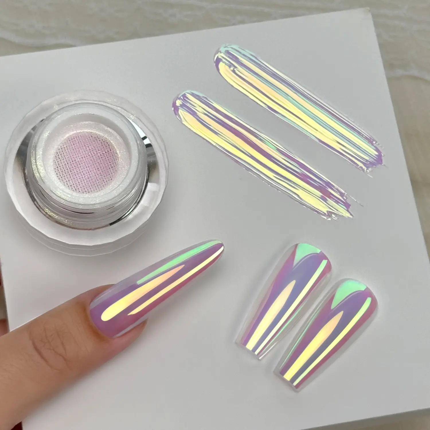 YOKEFELLOW GleamTap Cushion Aurora Chrome Nail Powder - Mermaid Aurora Effect ,Nail Art Glitter  Decoration for Home DIY Salon Manicure (GT115 Ethereal/Pink Lilac with Gold Sheen)