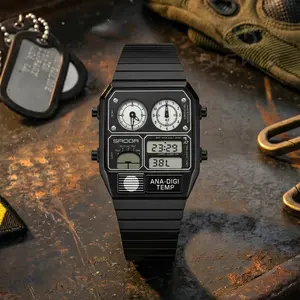 Retro Square Digital Watch with Temperature Display Unisex Analog 3 Time Zones Luminous Backlight 50M Waterproof Alarm Stopwatch Week/Date