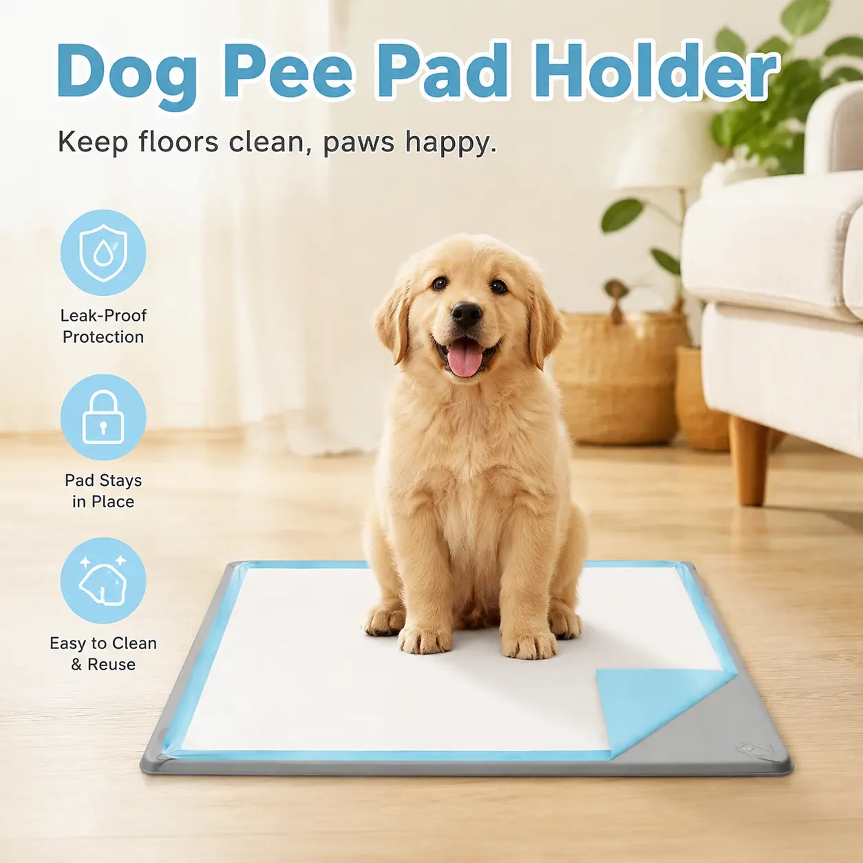 24"x24" Puppy Dog Pee Pad Holder - Non-Slip Silicone Tray with 4 Magnetic Clips, Leak-Proofing Raised High Edge for Training & Indoor Floor Protection