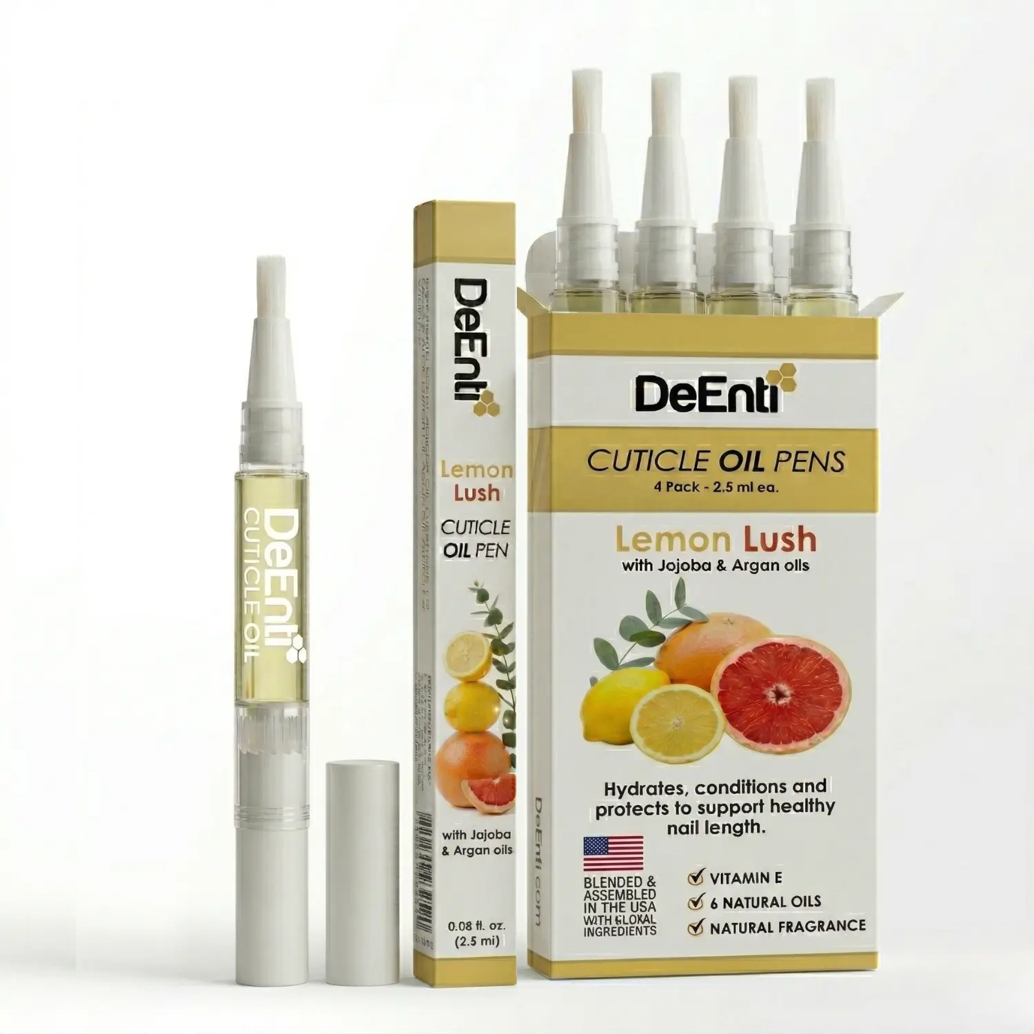 DeEnti Lemon Lush Cuticle Oil Pen 2.5 ml - Jojoba, Argan, Sweet Almond, Lemon, Eucalyptus & Vitamin E - Lightweight Scent for Skin and Nail Care