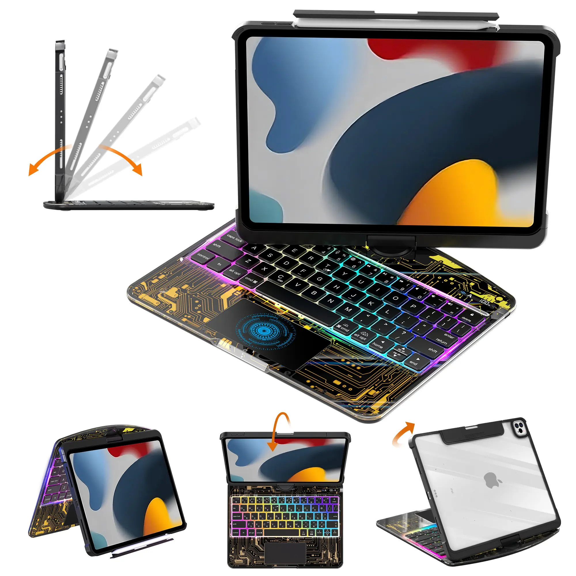 Touch 360° Rotatable KeyboardCase Compatible with iPad (8.3'/10.2'/10.9'/11'/12.9'/13 inch )ipad 7-11th(A16)/ipad air(2022-2026) / ipad pro (2018-2025) and ipad mini,Trackpad,Backlight &Pencil Holder, 7 Color Backlight Keyboard Case,Transparent Black