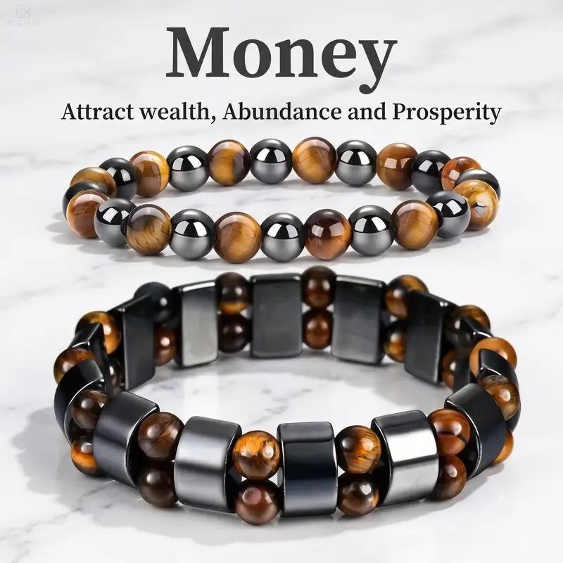 Men's 2pcs Tiger Eye Stone Beads Charm Bracelets Set - Unisex Adjustable Bracelet, Prosperity  Casual Daily Wear Gift