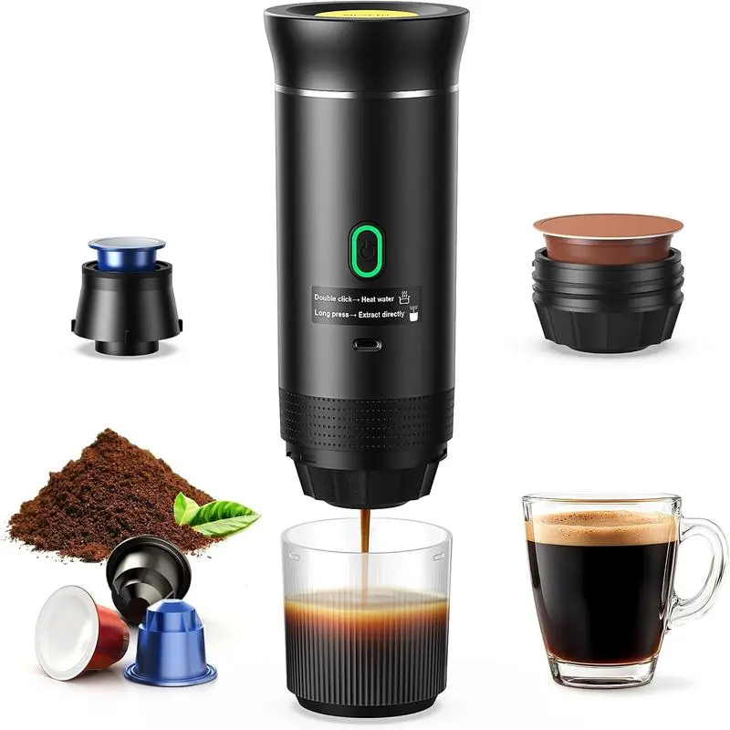 Portable Electric Coffee Machine (KF-JN-02) - Self-Heating 3-in-1 Brewer, USB-C Charging, 120ml Capacity, 72W Power, Ground Coffee & Capsule Compatible, Travel & Office Kitchen Appliance
