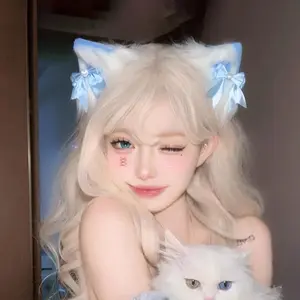 Women cute Furry Cat Ear Hair Clips | Blue Lolita Cosplay Headband Accessories | Plush Kitty Ear Clips for Costumes, Anime, Maid Outfits & Party Looks