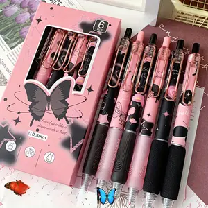 Butterfly & Rose Flower Design Retractable Gel Ink, 6 Counts/set 0.5mm Fine Point Black Ink Writing Pen, Cute Writing Pen, Aesthetic Pens for School, Office, and Home Use, Office Stationery Supplies