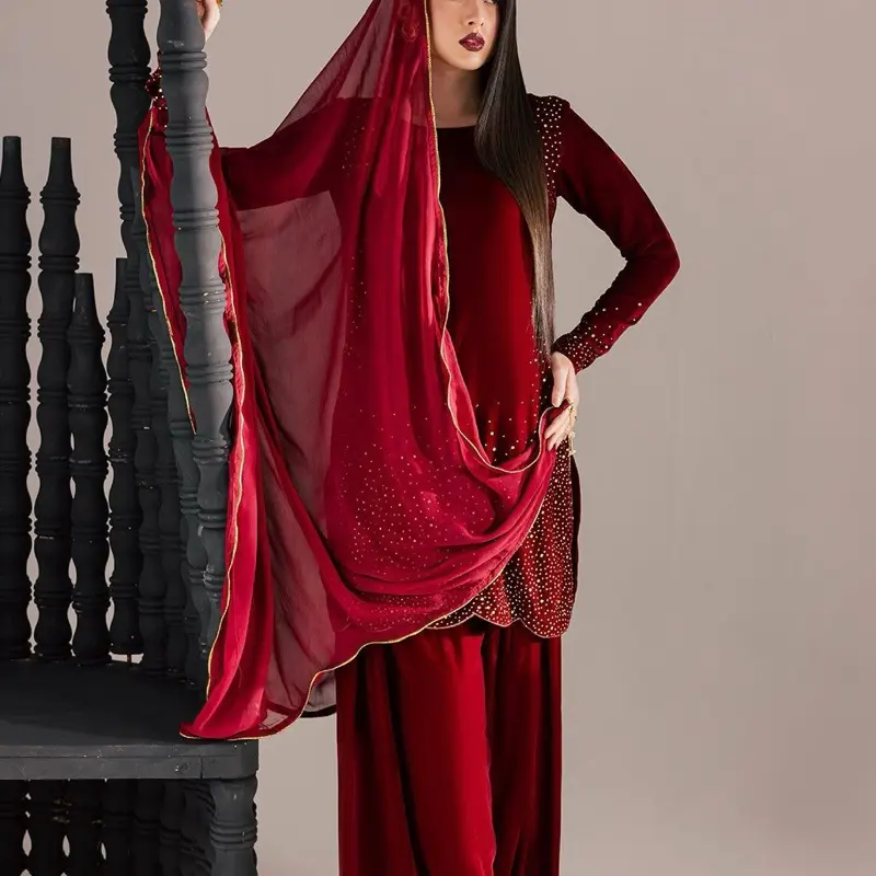 Maroon Shisha Silk Farshi Kameez Set – 3 Piece Luxury Collection (Size L)