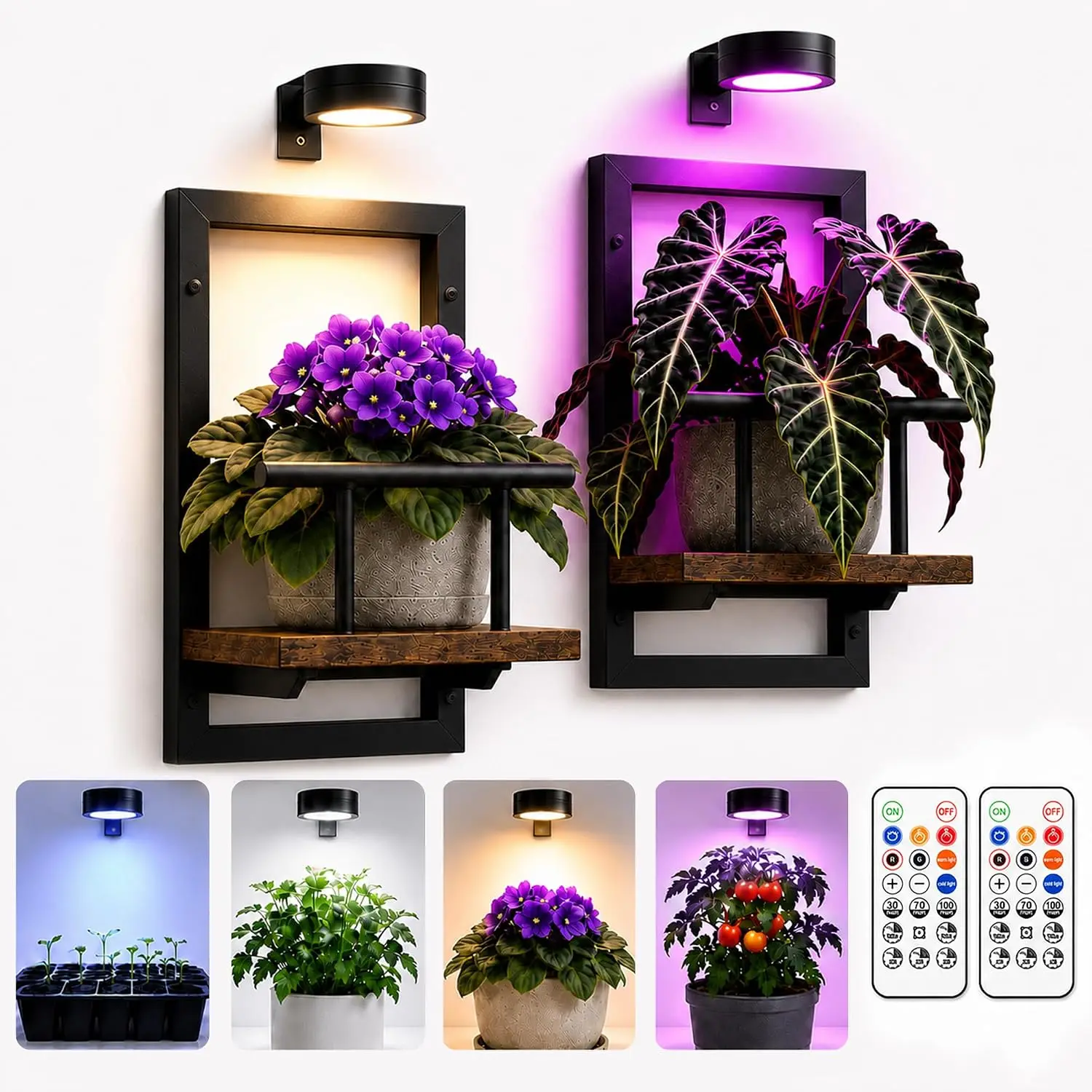 2 Pack Plant Wall Shelf with Grow Light, Wall Mounted Indoor Plant Shelf | Rechargeable Cordless Magnetic Grow Light with Remote Timer Dimming, Floating Plant Shelf for Living Room Office Decor