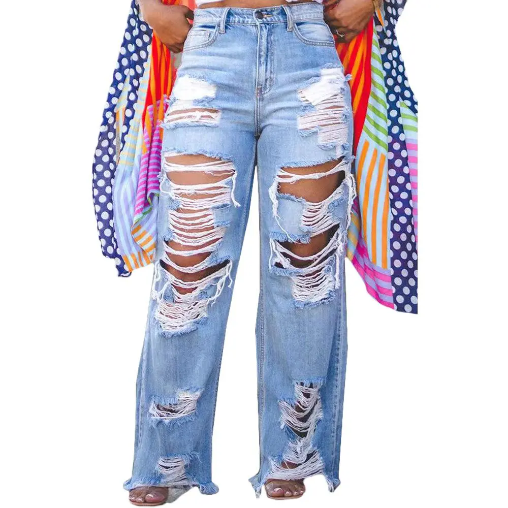 Women's sexy and fashionable ripped bell bottom jeans